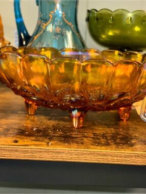 Vintage Carnival glass. Iridescent Amber Glass Footed Bowl